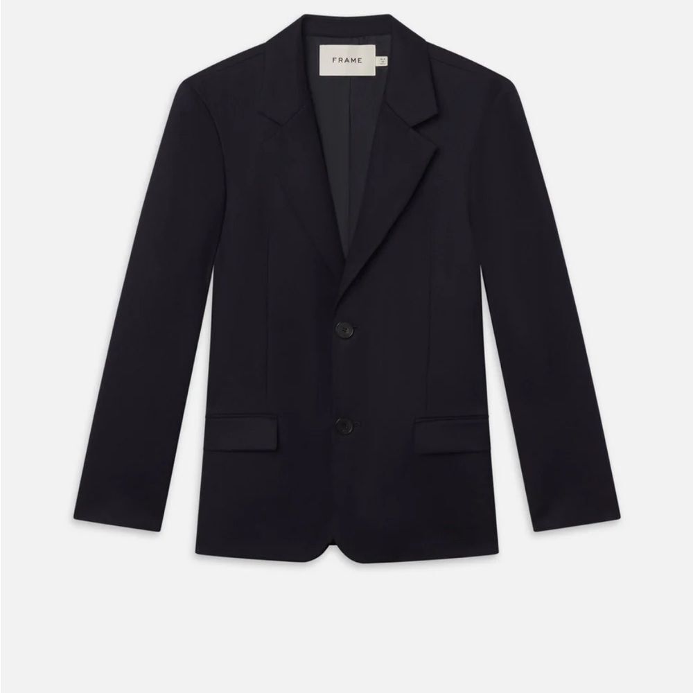 Frame Denim Dark Navy Wool Notch Lapel Button Closure Blazer Jacket Office Work